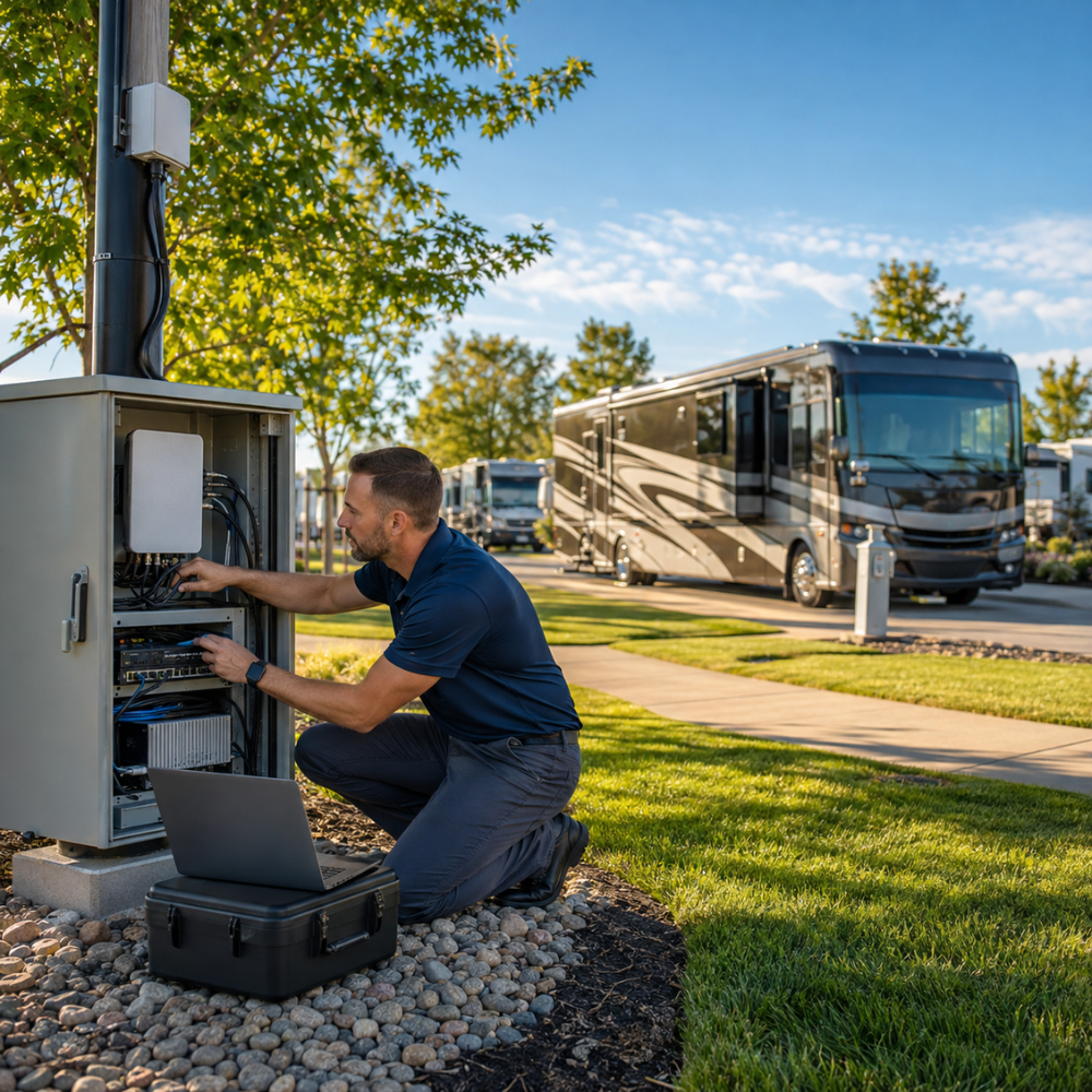 IP ArchiTechs engineer installing WiFi at an RV park